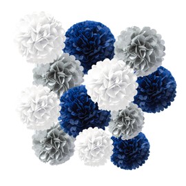 12 Piece Tissue Paper Pom Poms, Colorful Paper Flower Ball for Wedding Baby Showers Birthday Party Decoration, 3 Colors of 12 Inch,10 Inch,8 Inch(Dark Blue,Gray,White)