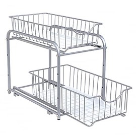 SONGMICS Pull Out Cabinet Organizer, 2-Tier Sliding Cabinet Organizer, Stackable Under Sink Cabinet Organizer with Storage Basket Drawers, for Kitchen, Bathroom, Silver UKCS017E01