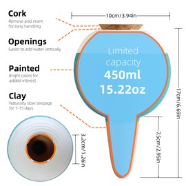 NIUKOMY Large Automatic Watering Ball Clay 450 ml, Water Dispenser for Potted Plants, Clay Cone, Terracotta Plants Watering, Watering Cone with Corks for Holiday & Office, Blue