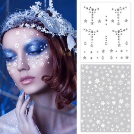 8 Sheets Winter Snowflake Face Temporary Sticker Winter Fairy Tears Rhinestone Face Tattoo Stickers Face Jewels Gems Glitter Christmas Snowflake Makeup Stickers for Nail Art Decals Carnival Party