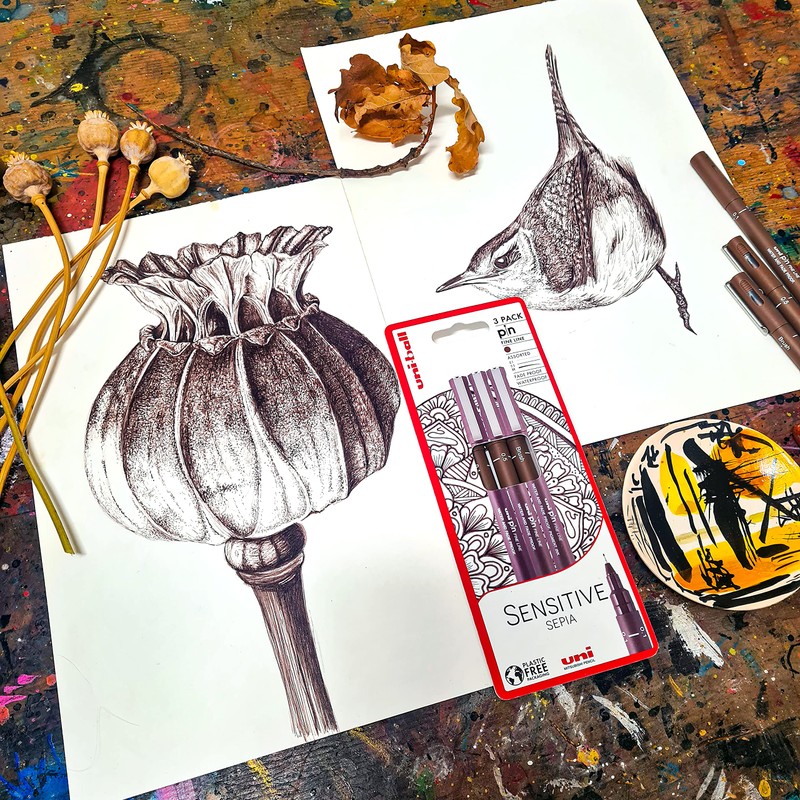 Uni-ball Sensitive Sepia 3 piece Uni-pin fineliner drawing pens, Brown