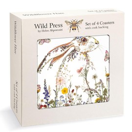 Museums & Galleries Set of 4 Cork Backed Coasters - Wild Press Wildflower Hare Design by Helen Ahpornsiri - Statement Coasters for the Home