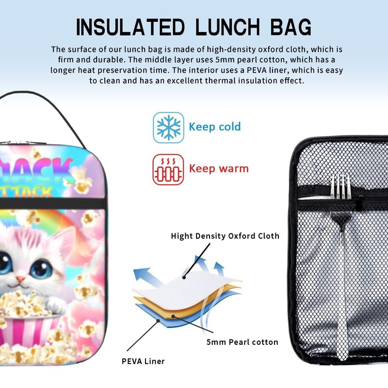 TREKTOTS Cat Insulated Lunch Bag for Girls Ages 6-8, Large