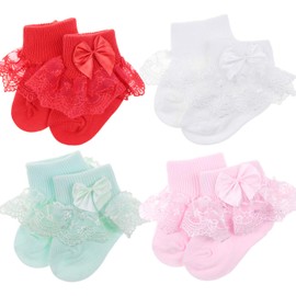 DRESHOW Infant Lace Bow Socks Baby Ruffle Lace Socks Newborn Toddler Girls Socks Ankle Dress Sock, 4 Pairs Lace Socks Set-11UK