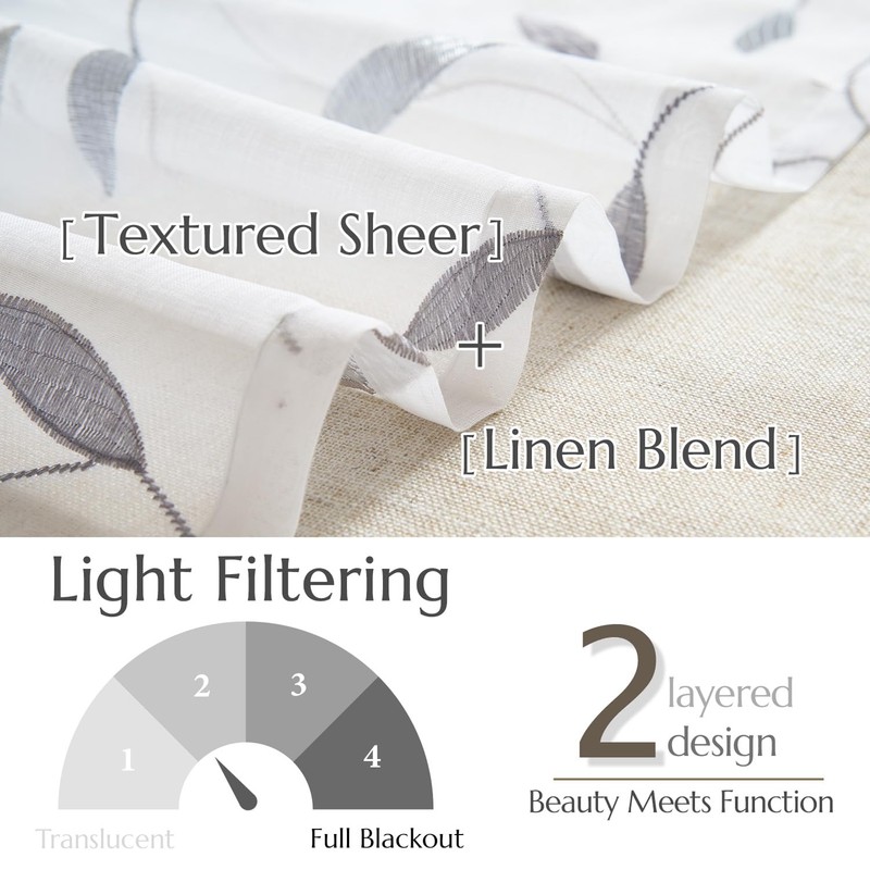jinchan White Sheer Valance for Window Gray Leaf Embroidered Valance