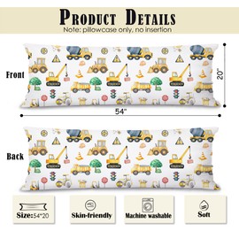 XUNLURY Construction 20x54 Body Pillow Cover, Construction Room Decor for Boys Room, Car Room Decor, Tractor Truck Traffic Control Decorative Long Pillow Cases for Bed Couch