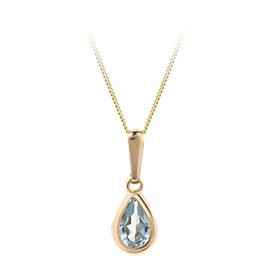 9ct yellow gold aquamarine birthstone bezel set tiny tear drop shaped gemstone pendant and chain Gift box