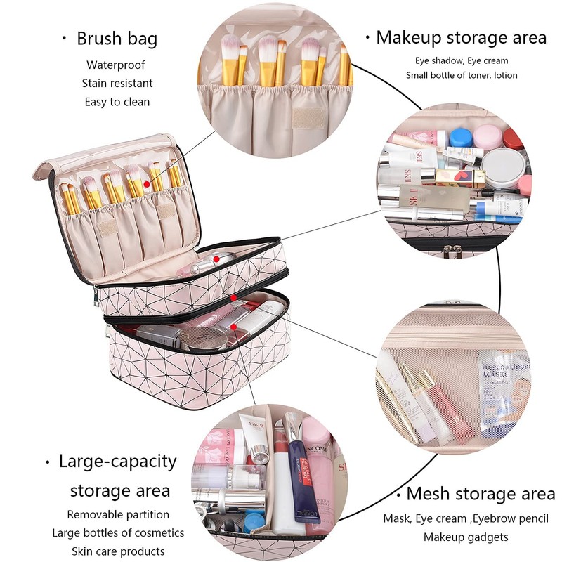 MKPCW Large Double Layer Cosmetic Bag with Brush Pocket and