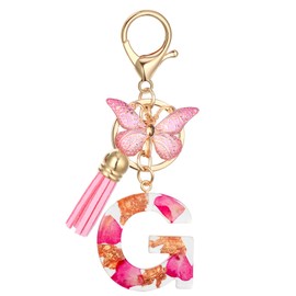 MWOOT Initial Letter G Keyrings Pink Keychain,Alphabet Petals Gold Foil Resin Key Ring Charm with Butterfly Tassel Pendant,Kawaii Key Chain for Women Adult Gift Wallet Purse Bag Handbag Decor(G)