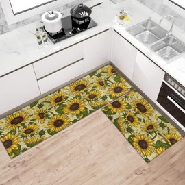 Ideasonna Summer Sunflower Kitchen Rugs Sets of 2 Non-Slip Washable Yellow Sunflower Rugs for Kitchen Decor