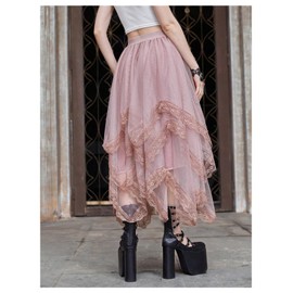 Verdusa Women's Asymmetrical Tulle Skirts Elastic High Waist Ruffle Tiered Mesh Long Skirt, Dusty Pink, Small