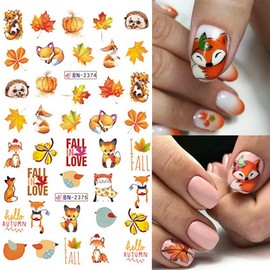 Autumn Nail Art Stickers Thanksgiving Water Transfer Nail Stickers Maple Leaves Mushroom Pumpkin Stickers Nail Art Supplies Holiday Nail Decals Designs for Women Acrylic Nail Decoration 12 Sheets