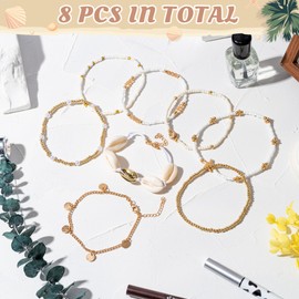 Y1tvei Shell Ankle Bracelet Set - Boho Beaded Stretch Braceletst for Women, Seashell Starfish Element Charm Jewelry for Beach, Gold Beads Rice Beads Alloy Accessories Jewelry Gift for Summer, Traveling