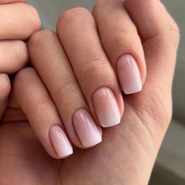 Ceboic 24Pcs French Tip False Nails Short, Square Pink White Gradient Fake Nails, Natural Full Cover Press on Nails, Acrylic Glue on Nails French Manicure Kit for Women Girls Nail Art