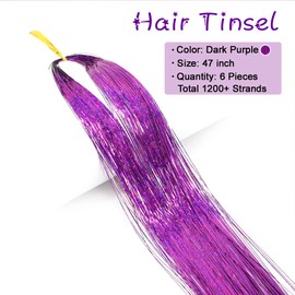 MISSUHUI 6 Pieces Fairy Hair Tinsel Kit with Tools 48 Inch 1200 Strands Glitter Tinsel Hair Extensions Sparkling Shiny Hair Tinsel Strands Kit Heat Resistant for Women Girls Children (Purple Set)