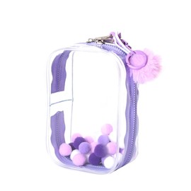 ぬいぐるみ収納 ポーチ カラフル ミニバック 防塵 外出 透明 ポンポンボール付き (紫)