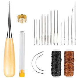 Realure 20 Piece Leather Needle Leather Tool Set Leather Sewing Needles with Large Eye Thimble Wax Thread Leather Sewing Awl Curved Upholstery Needle Leather Tool for Leather Carpet Mattresses