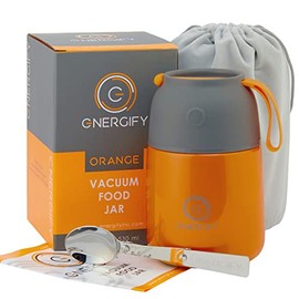 Energify Vacuum Insulated Food Jar Made of Premium BPA-Free Stainless Steel. 17oz Thermos Includes Folding Spoon and Cup. Hot & Cold Lunch, Drinks Container For Kids and Adults. Leak Proof, Orange.