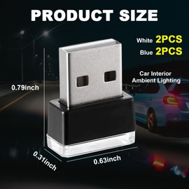 Ziciner 4 PCS USB LED Car Interior Atmosphere Lamp, Portable Mini LED Night Light, Plug-in USB Interface Trunk Ambient Lighting Kit, Universal Car Interior Accessories (White, Blue)