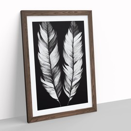 Monochrome Feathers No.1 Framed Print for Living Room Bedroom Home Office Décor, Wall Art Picture Ready to Hang, Walnut A4 Frame (34 x 25 cm)