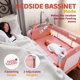 HARPPA Pack and Play 5 in 1, Portable Baby Playard for Travel, Baby Bassinet Bedside Sleeper with Mattress, Rolling Bassinet for Infant, Pack n Play with Changing Table, Bed Crib(Pink)