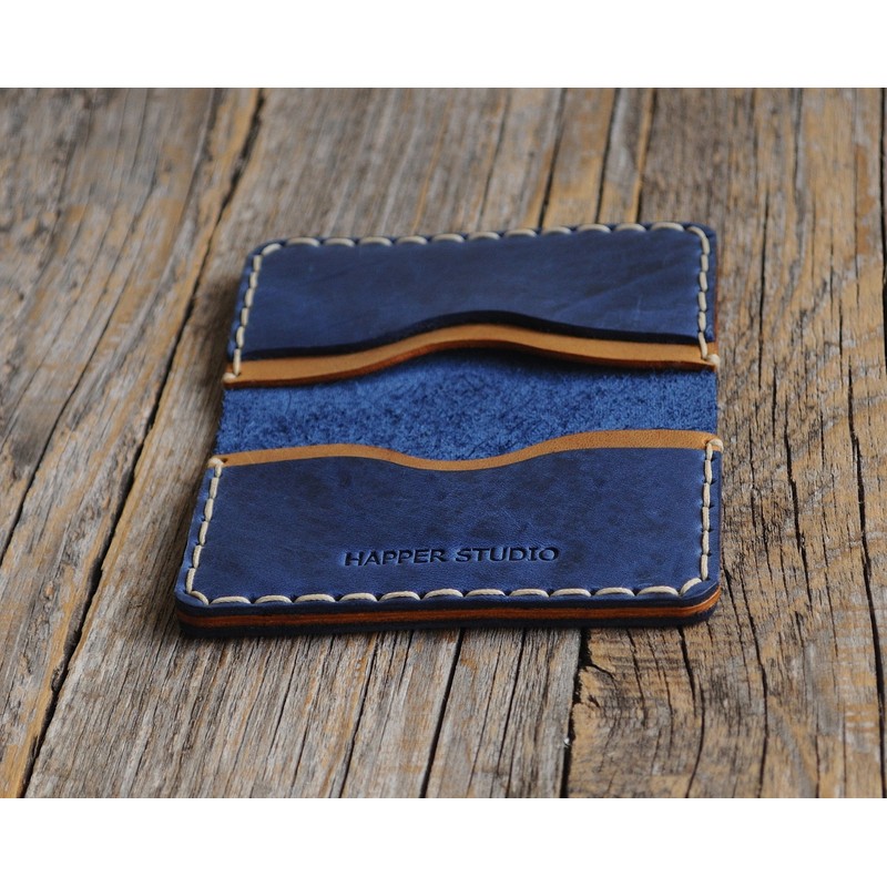 Brown and Blue Leather ID Card Holder Wallet Durable Storage