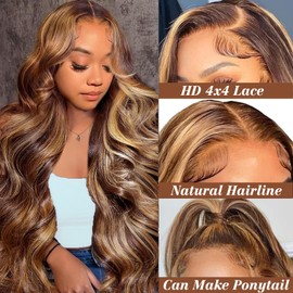 Glueless Wig Human Hair Body Wave Human Hair Wig for Black Women 4x4 HD Transparent Lace Frontal 180% Density Wear and Go Glueless Wigs Highlight Ombre P4/27 Color 14 inch