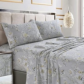 Tribeca Living Queen Bed Sheet Set, 300 Thread Count Soft Cotton Sateen, Floral Print with Extra Deep Pockets, 4-Piece Bedding Set, Colmar Silver Grey/Multicolor