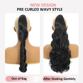 Webshaiy Ponytail Extension, Ponytail Hairpiece, Long Wavy Ponytail Braid Extension, Synthetic Hair Extensions, Claw Clip-In Hairpiece, Ponytail for Women, 55 cm, Natural Black