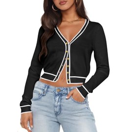 Ezbelle Women's Cardigan Sweater Knit Blouse V Neck Crop Shirt Button Down Long Sleeves Black Striped Tshirt Lightweight Jacket Striped Top L