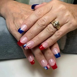 4th of July French Tip Press on Nails Short Square Fake Nails Full Cover Nude Pink with Stars Nail Tip False Nails Independence Day Press on Nails for Women Holiday Wear Nails DIY Decoration 24Pcs
