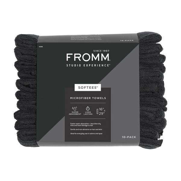 Fromm Softees Microfiber Salon Hair Towels - Fast Drying Towel for Hair, Hands, Face – Use at Home, Salon, Spa, Barber – 16" x 29" - Extra Durable and Absorbent - Black, 45006, 10 Count (Pack of 1)