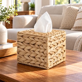 Woven Tissue Box Cover for Home Decor – Natural Basket-Weave Square Tissue Holder for Living Room, Bathroom & Office