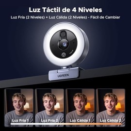 UGREEN Webcam 2K 30FPS con Luz LED 4 Niveles Fijo Full HD USB A USB C, Cámara Web Anillo Plug y Play Ángulo Ajustable para Windows MacOS Linux Streami