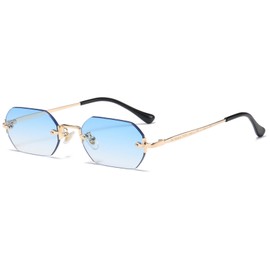 JCTAIFOO Retro Rimless Rectangular Sunglasses Women Men Vintage Slim Rectangular Tinted Glasses, Gold/Light Blue