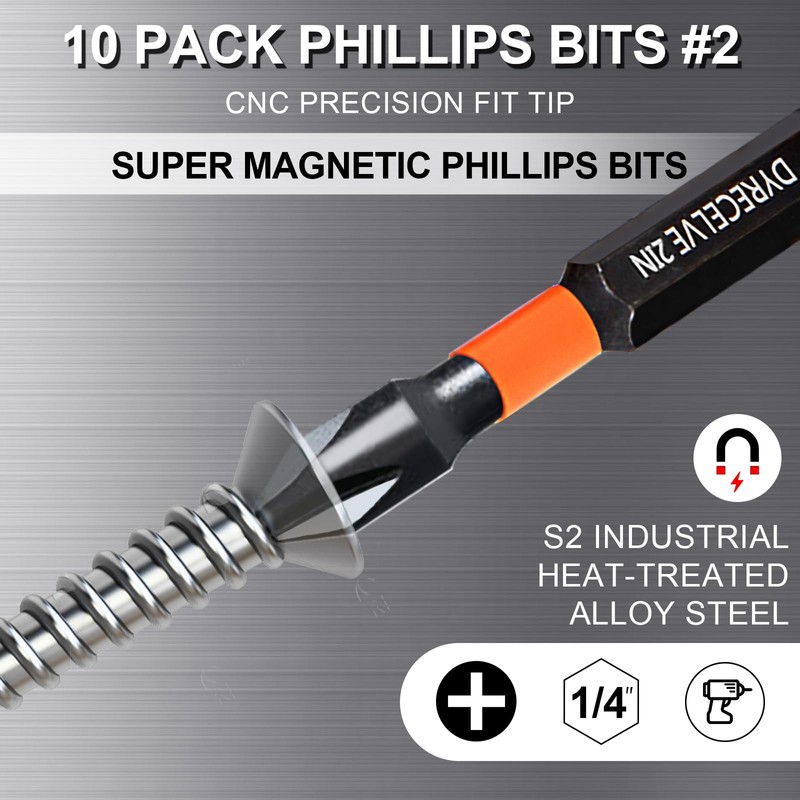 10-Pack Phillips Bits #2 Impact, 4-Inch Long Magnetic Phillips Head