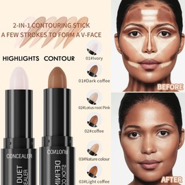 Ofanyia 2 IN 1 Contour Stick Makeup, Dual-Ended Cream Highlighter & Contour Bronzer Stick, Long Lasting Waterproof Cream Bronzer & Highlighter Stick (03# Natural+Light Coffee)