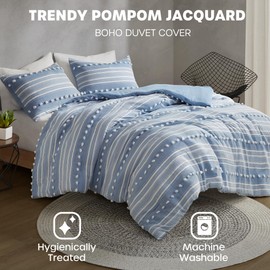 Urban Habitat King Duvet Cover Set Clipped Jacquard, Tufts Pompom Accent, Boho Duvet Covers, All Season Lightweight & Fluffy Bedding Cover, Matching Shams, Rowan, King/Cal King Blue 3 Piece