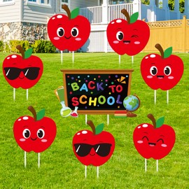 JarThenaAMCS 8Pcs Back To School Yard Signs with Stakes Blackboard Apples Shaped Garden Signs First Day of School Display Stake Signs for Party Home Indoor Outdoor Lawn Patio Decoration
