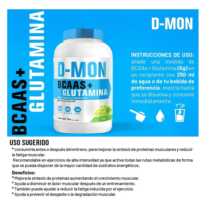 Aminoácidos Bcaas Glutamina D-mon Blue 1kg Sabores Varios