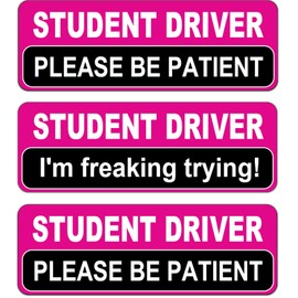 NIMONA Student Driver Magnet for Car - Funny 3 Pack Please Be Patient Removable Magnetic Bumper Sticker Set - Reflective New Driver Safety Sign - Weather-Resistant - 10 x 4 inch (Pink - Black)