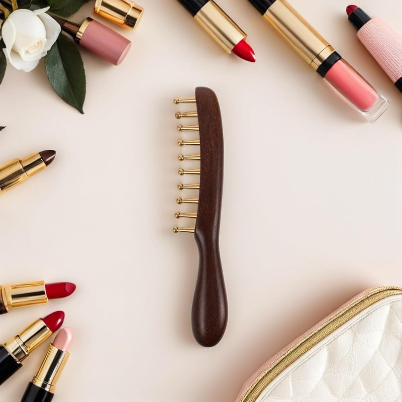 Handmade Sandalwood Scalp Massager Wide Tooth Comb with Copper Bristles