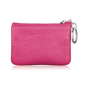 Hibate Mini Coin Purse Holder Wallet Leather Purses for Women Men Kids Minimalist Zip Pouch with Key Ring - Pink