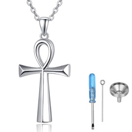 KINGWHYTE Urn Necklaces for Ashes 925 Sterling Silver Egyptian Ankh Cross Ash Pendant Cremation Jewelry for Mum Dad Dog in Memory Gift