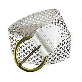 ANNULOYA 2 Inch Wide Leather Braided Belts for Women Hand Made Soft Woven Waistbands with Round Golden Pin Buckle, White, Suit Waist 23-39 inch(58-108cm)