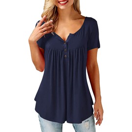 Beluring Womens V Neck T-Shirts Swing Ruffle Button up Tunic Tops Blouse Navy Size 12 14