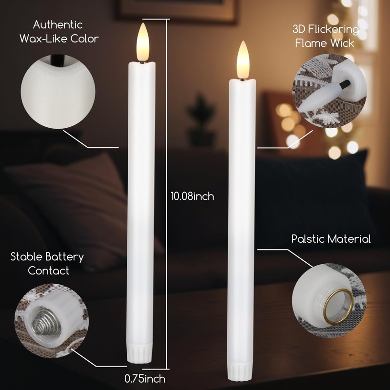 SEHNSY White Flameless Taper Candles with Remote and Timer, 10.1"