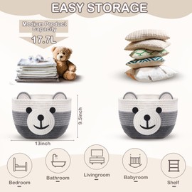Zopeal Bear Basket 13" D x 9.5" H for Nursery Cotton Rope Basket Hamper for Baby Shower Nursery Cute Storage Basket with Handles Decorative Woven Basket for Laundry Bathroom Home