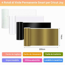 4 rotoli di vinile permanente Smart per Cricut Joy 14x200cm, vinile adesivo permanente nero+bianco+oro+pellicola di trasferimento, vinile per plotter autoadesivo, set per DIY, tazze, auto, banner