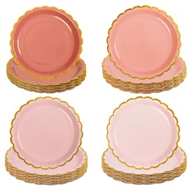 AimFun 48Pcs Dusty Pink Scalloped Party Plates Gold Foil Border Paper Plates Disposable 9inch Gradient Serving Plates for Birthday Wedding Bridal Baby Shower Party Supplies